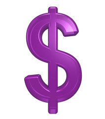 Dollar sign from purple glass alphabet set, isolated on white. Computer generated 3D photo rendering.