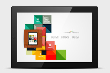 Geometric square shapes and infographic option elements with tablet