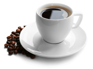 A cup of tasty drink and scattered coffee grains, isolated on white