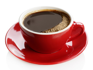 A red cup of tasty coffee, isolated on white