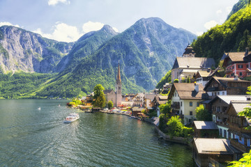 Fototapeta premium view on Hallstatt village in sunlight, Austria
