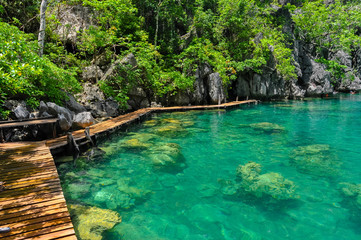 Very Clean and Clear lagoon lake Water next to a wooden path