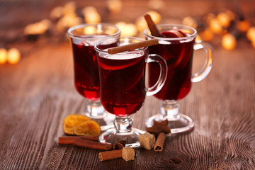 Mulled wine on wooden table