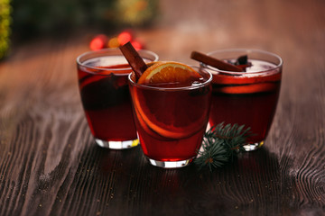 Mulled wine on wooden table