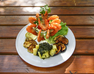 Shrimps with vegetables. Sea food