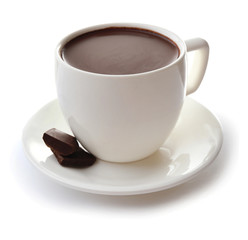 White cup of cacao with chocolate, isolated on white