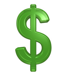 Dollar sign from green glass alphabet set, isolated on white. Computer generated 3D photo rendering.