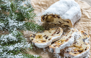 Stollen with snowy fir branch