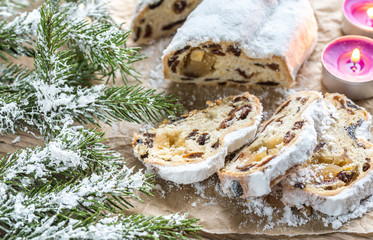 Stollen with snowy fir branch