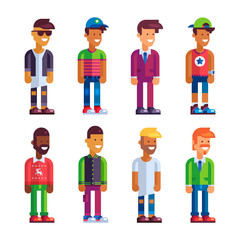 Set of male characters in flat design. Stock vector illustration.
