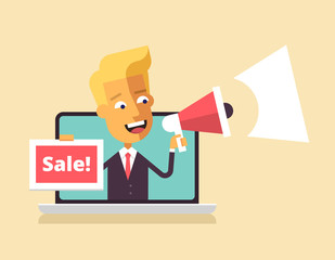 The man is leaning out of a laptop screen and speaking in a megaphone. Concept for social media, website or print. Vector illustration in flat design.