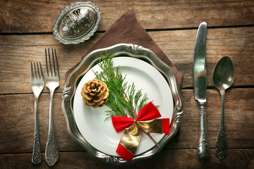 Dish set served on table for Christmas dinner