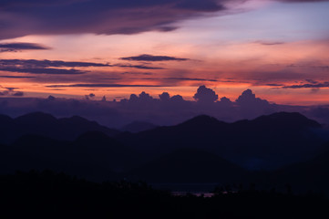 Silhouette of Mountains Above the Water under purple cloudscape clouds at sunset