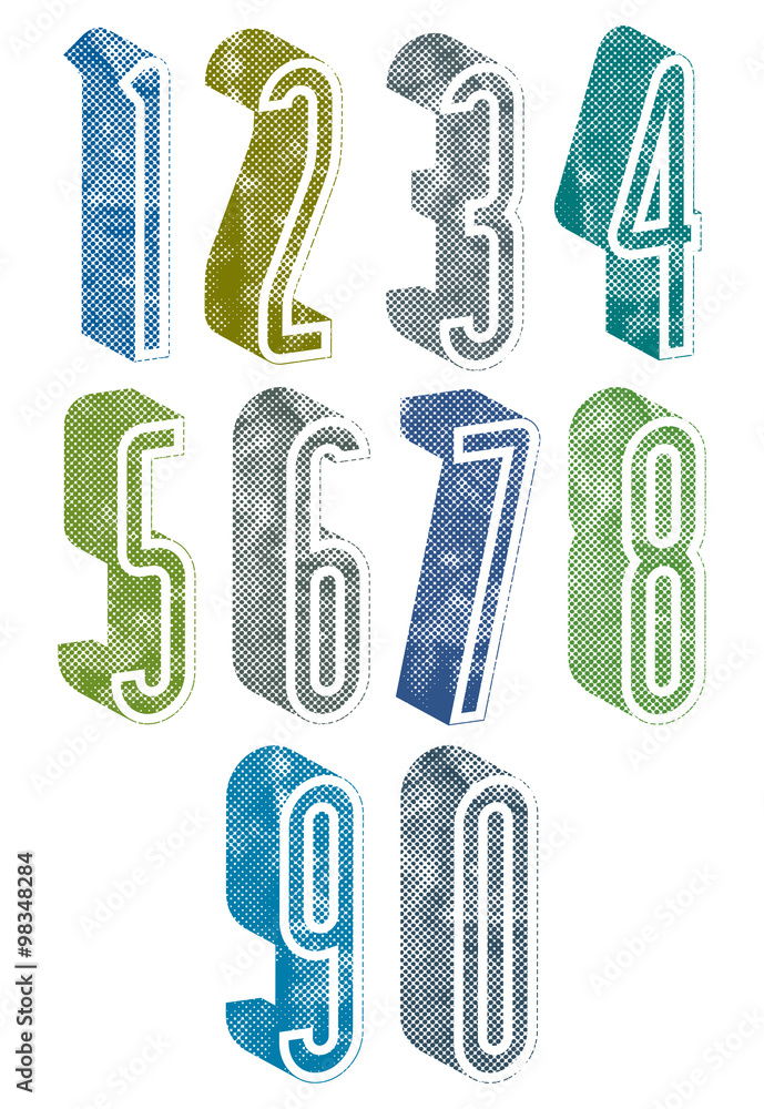 Poster 3d tall numbers with halftone dots textures.