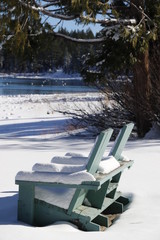 Nature: Snow - 2 blue chairs in the snow by Lake Tahoe