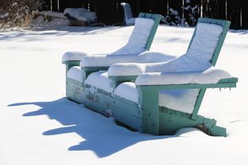 Nature: Snow - 2 blue chairs in the snow by Lake Tahoe