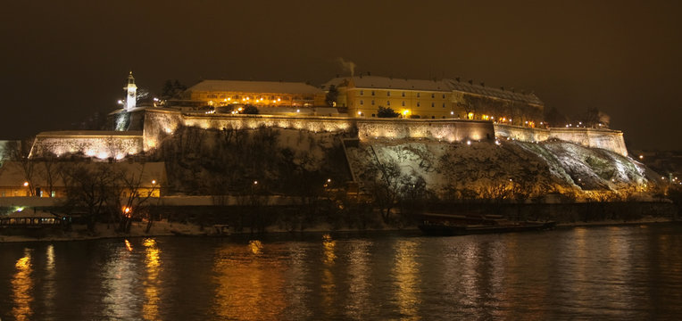 Night panorama of Petrovaradin fortress in Novi Sad