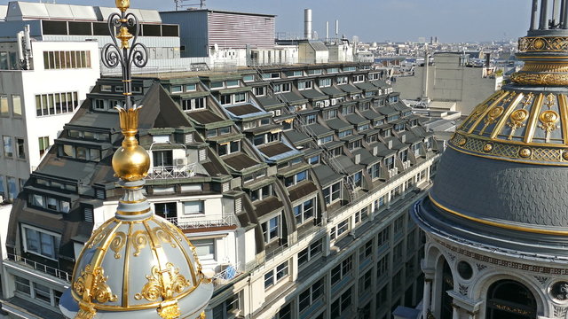 Aerial view from the terrace of store Printemps (founded in 1865) in Paris - largest beauty Department Store in world with 45000 square meters of shopping.