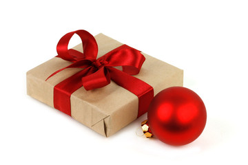 Christmas red ball and gift box with red ribbon
