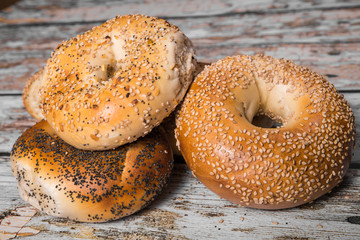 Variety of traditional New York style bagels with seeds