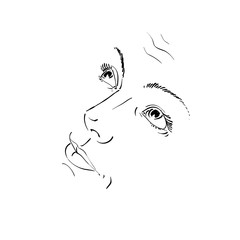 Hand-drawn illustration of woman face, black and white mask with