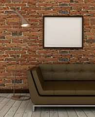 Empty picture frames in classic interior background on the brick wall with wooden floor. Copy space image. 3d render