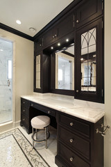 Master bath with black cabinetry