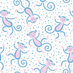 Seamless pattern with monkeys playing in snow winter. Vector illustration