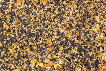 Peeled sunflower plant. Seeds and dry petals as a background