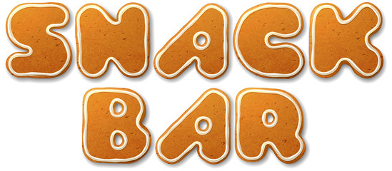 Snack bar. Vector inscription, decorated white icing, isolated on white
