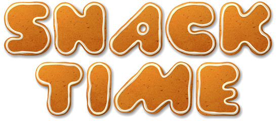 Snack time. Vector inscription, decorated white icing, isolated on white