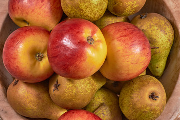 Ripe apples and pears in a wooden bowl.