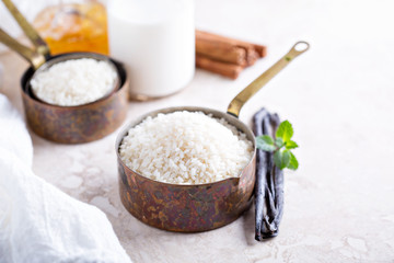 Raw rice in a measuring cup ready to be cooked