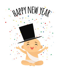 Baby New Year celebrating under falling confetti