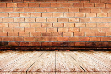  wooden floor with brick wall background