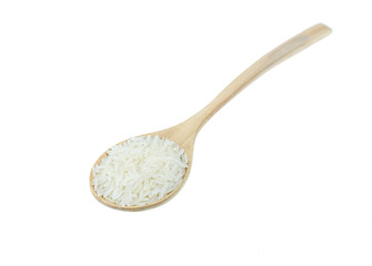 Close up Thai jasmine rice in wooden spoon isolated on white