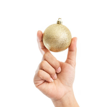 Close Up Hand Holding Christmas Ball Isolated On White Background