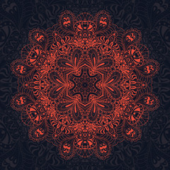Vector ornamental red lace pattern, circle background with many details.
