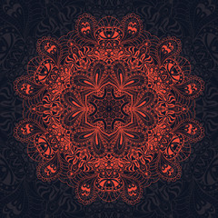 Vector ornamental red lace pattern, circle background with many details.