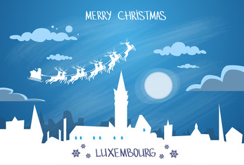 Santa Claus Sleigh Reindeer Fly Sky over Luxembourg City Silhouette Night - obrazy, fototapety, plakaty