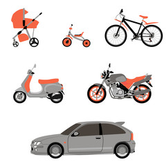 Various types of transport: car, motorcycle, scooters, bike, children bicycle, baby carriage. 