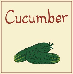 isolated green cucumber on light background, handwritten text