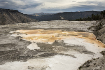 Travertine terraces at Mammoth Hot Springs in Wyoming, are dry from drought.