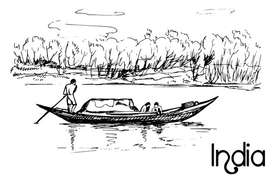Hand drawn transportation small boat with people