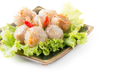 tapioca balls with pork filling on white background