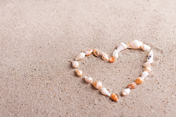 Fototapeta na wymiar Heart shape of seashell in the sand on the beach