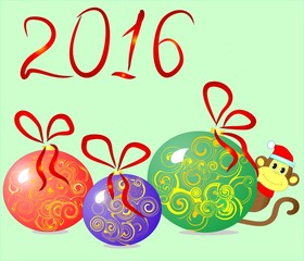 Разноцветные елочные шары, обезьянка, поздравление с 2016 новым годом