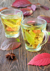 Cup of linden tea on wooden background