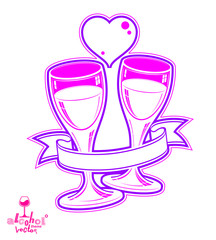 Two wineglasses vector artistic illustration, wedding couple