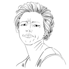 Vector drawing of angry woman with stylish haircut. Black and wh